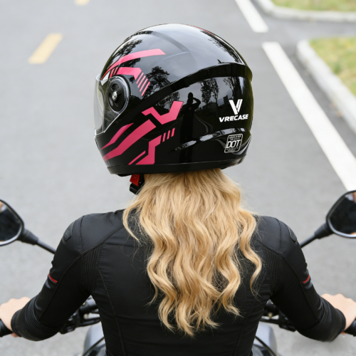 已发 (14) Casco de motocicleta Vrecase Dot con certificación, color negro brillante y rosa, visera HD, diseño mecánico de segunda generación.
