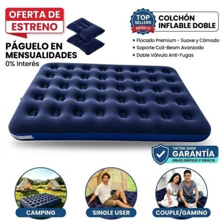 Colchón Inflable Matrimonial 2 Plazas con Almohadas + Bomba Eléctrica