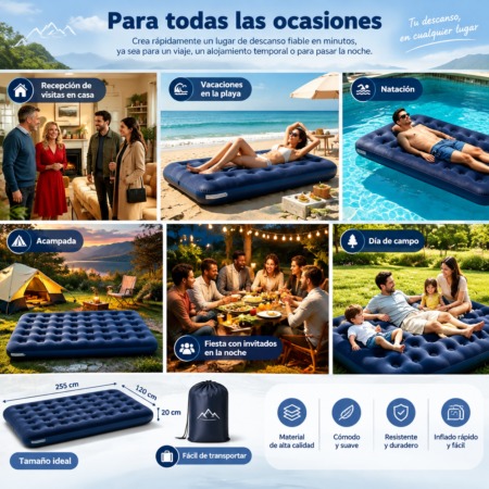 Colchón Inflable Matrimonial 2 Plazas con Almohadas + Bomba Eléctrica