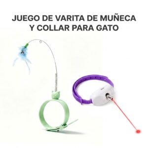 Kit de Juguetes Interactivos para Gato – Collar Láser Morado + Varita de Plumas con Pulsera Verde