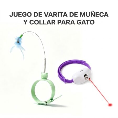 Kit de Juguetes Interactivos para Gato – Collar Láser Morado + Varita de Plumas con Pulsera Verde