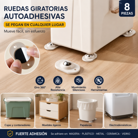 8 Mini Ruedas Giratorias 360° Autoadhesivas de Acero Inoxidable – Ruedas Universales para Cajas, Organizadores y Botes