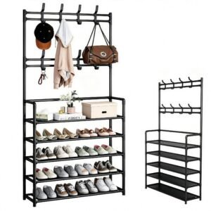 Zapatero Metálico con Perchero de 5 Niveles – Organizador para 16 Pares de Zapatos con Ganchos, Color Negro