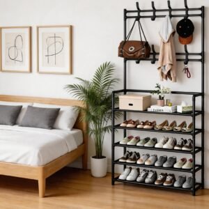 Zapatero Metálico con Perchero de 5 Niveles – Organizador para 16 Pares de Zapatos con Ganchos, Color Negro