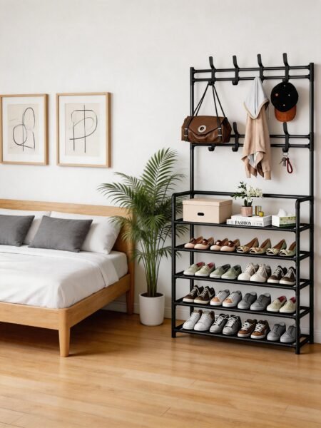 Zapatero Metálico con Perchero de 5 Niveles – Organizador para 16 Pares de Zapatos con Ganchos, Color Negro