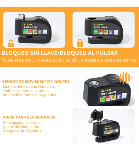 Candado de Disco para Moto VRECASE con Alarma de 115 dB – Antirrobo Impermeable con 2 Llaves y Cable Recordatorio