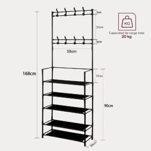 Zapatero Metálico con Perchero de 5 Niveles – Organizador para 16 Pares de Zapatos con Ganchos, Color Negro