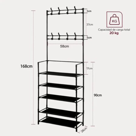 Zapatero Metálico con Perchero de 5 Niveles – Organizador para 16 Pares de Zapatos con Ganchos, Color Negro