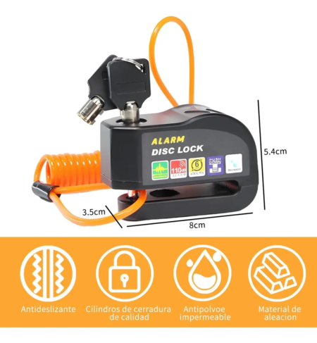 Candado de Disco para Moto VRECASE con Alarma de 115 dB – Antirrobo Impermeable con 2 Llaves y Cable Recordatorio