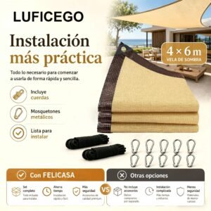 Malla Sombra Beige 4 × 6 m con 90% de Bloqueo UV – Protección Solar para Jardín, Patio y Cochera