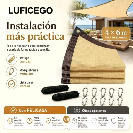 Malla Sombra Beige 4 × 6 m con 90% de Bloqueo UV – Protección Solar para Jardín, Patio y Cochera