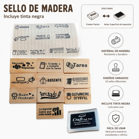 Set de 10 Sellos Rectangulares para Maestros con Tinta Negra – Sellos Educativos de Recompensa para Aula y Tareas