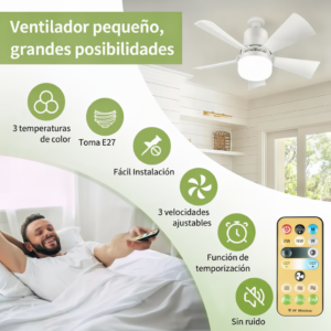 Foco Ventilador LED 48W con Control Remoto – Ventilador de Techo Silencioso para Base E27