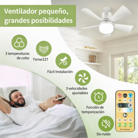 Foco Ventilador LED 48W con Control Remoto – Ventilador de Techo Silencioso para Base E27