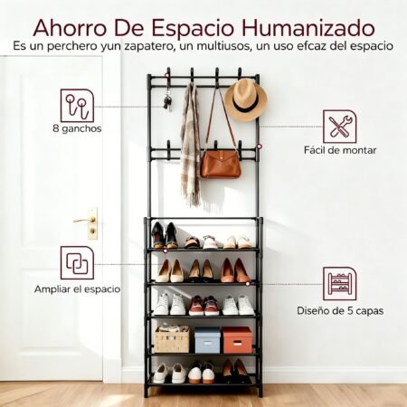 Zapatero Metálico con Perchero de 5 Niveles – Organizador para 16 Pares de Zapatos con Ganchos, Color Negro