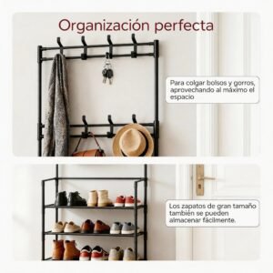 Zapatero Metálico con Perchero de 5 Niveles – Organizador para 16 Pares de Zapatos con Ganchos, Color Negro