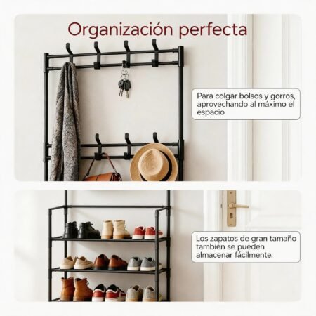 Zapatero Metálico con Perchero de 5 Niveles – Organizador para 16 Pares de Zapatos con Ganchos, Color Negro
