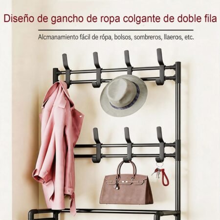 Zapatero Metálico con Perchero de 5 Niveles – Organizador para 16 Pares de Zapatos con Ganchos, Color Negro
