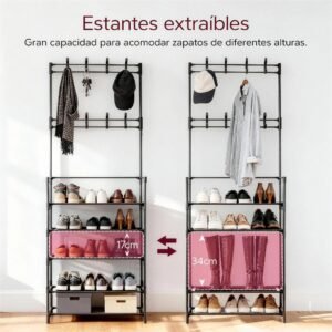 Zapatero Metálico con Perchero de 5 Niveles – Organizador para 16 Pares de Zapatos con Ganchos, Color Negro