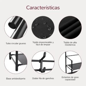 Zapatero Metálico con Perchero de 5 Niveles – Organizador para 16 Pares de Zapatos con Ganchos, Color Negro