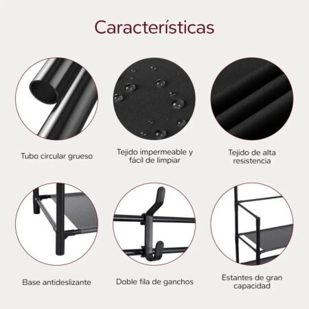 Zapatero Metálico con Perchero de 5 Niveles – Organizador para 16 Pares de Zapatos con Ganchos, Color Negro