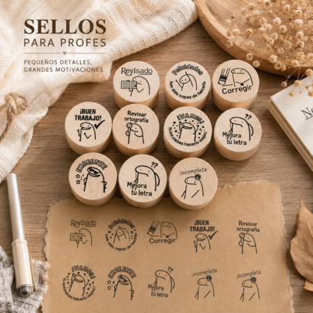 Set de Sellos para Maestros de 9 o 12 Piezas con Tinta Negra – Kit Escolar para Profesores, Niños y Manualidades