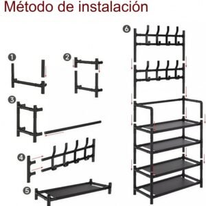 Zapatero Metálico con Perchero de 5 Niveles – Organizador para 16 Pares de Zapatos con Ganchos, Color Negro