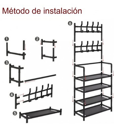 Zapatero Metálico con Perchero de 5 Niveles – Organizador para 16 Pares de Zapatos con Ganchos, Color Negro