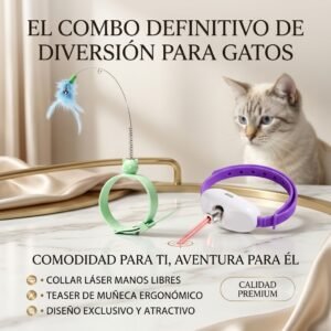 Kit de Juguetes Interactivos para Gato – Collar Láser Morado + Varita de Plumas con Pulsera Verde