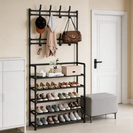 Zapatero Metálico con Perchero de 5 Niveles – Organizador para 16 Pares de Zapatos con Ganchos, Color Negro