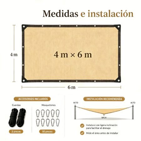 Malla Sombra Beige 4 × 6 m con 90% de Bloqueo UV – Protección Solar para Jardín, Patio y Cochera