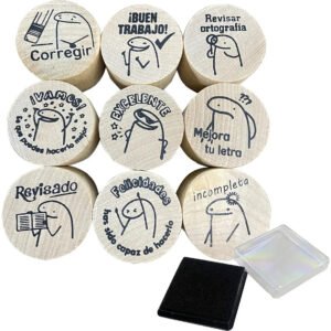 Set de Sellos para Maestros de 9 o 12 Piezas con Tinta Negra – Kit Escolar para Profesores, Niños y Manualidades