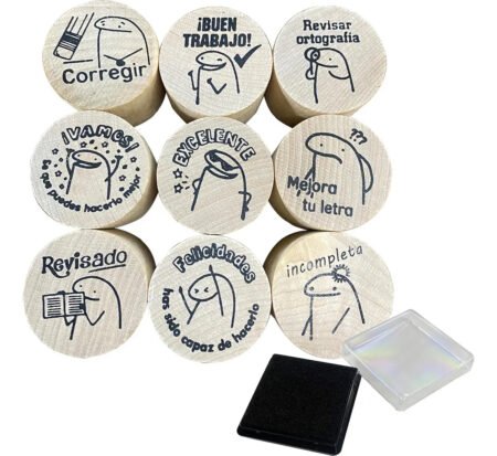 Set de Sellos para Maestros de 9 o 12 Piezas con Tinta Negra – Kit Escolar para Profesores, Niños y Manualidades
