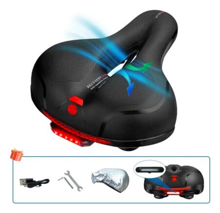 Asiento de Bicicleta Ergonómico Impermeable con Luz Trasera USB y Funda para Lluvia | Sillín Cómodo para MTB, Ruta y Bicicleta Urbana