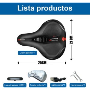 Asiento de Bicicleta Ergonómico Impermeable con Luz Trasera USB y Funda para Lluvia | Sillín Cómodo para MTB, Ruta y Bicicleta Urbana