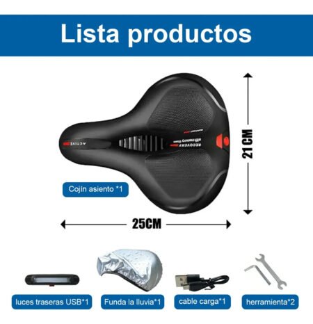 Asiento de Bicicleta Ergonómico Impermeable con Luz Trasera USB y Funda para Lluvia | Sillín Cómodo para MTB, Ruta y Bicicleta Urbana