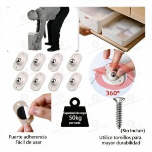 8 Mini Ruedas Giratorias 360° Autoadhesivas de Acero Inoxidable – Ruedas Universales para Cajas, Organizadores y Botes