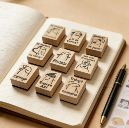 Set de 10 Sellos Rectangulares para Maestros con Tinta Negra – Sellos Educativos de Recompensa para Aula y Tareas