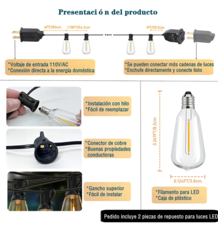 Guirnalda de Luces LED para Exterior 15 m con 25+2 Focos – Luces Impermeables para Jardín, Patio y Terraza