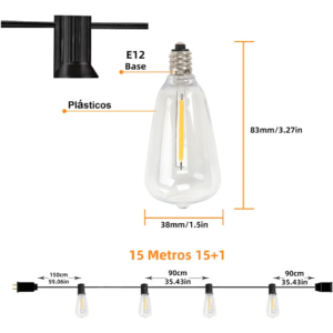 Guirnalda de Luces LED para Exterior 15 m con 25+2 Focos – Luces Impermeables para Jardín, Patio y Terraza