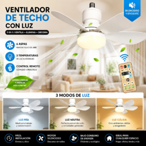 Foco Ventilador LED 48W con Control Remoto – Ventilador de Techo Silencioso para Base E27