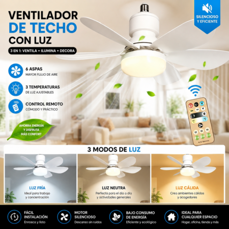 Foco Ventilador LED 48W con Control Remoto – Ventilador de Techo Silencioso para Base E27