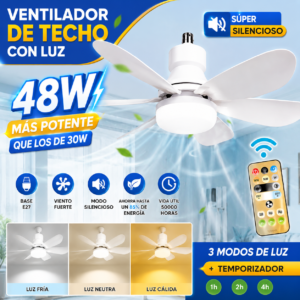 Foco Ventilador LED 48W con Control Remoto – Ventilador de Techo Silencioso para Base E27
