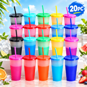 20 Vasos Mágicos 710 ml que Cambian de Color | Con Tapa y Popote