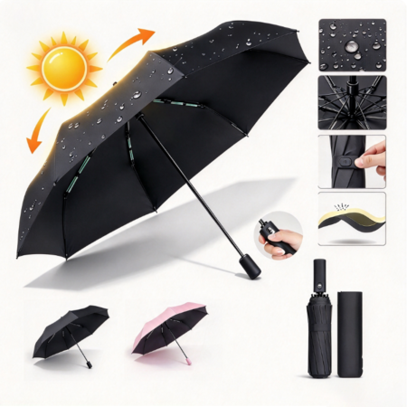 001 Paraguas Automático con Protección UV, Sombrilla Impermeable Plegable de 16 Varillas para Viajes, FOZOVAR Rosa