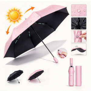 Paraguas Automático con Protección UV, Sombrilla Impermeable Plegable de 16 Varillas para Viajes, FOZOVAR Rosa