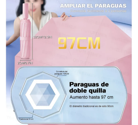 02 Paraguas Automático con Protección UV, Sombrilla Impermeable Plegable de 16 Varillas para Viajes, FOZOVAR Rosa