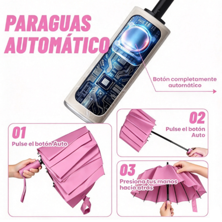 03 Paraguas Automático con Protección UV, Sombrilla Impermeable Plegable de 16 Varillas para Viajes, FOZOVAR Rosa
