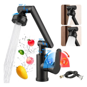 Grifo Para Baño Monomando Lavabo Hogar Cocina 2 Modos Negro con 360° Rotación y Control de Temperatura para Lavamanos VRECASE