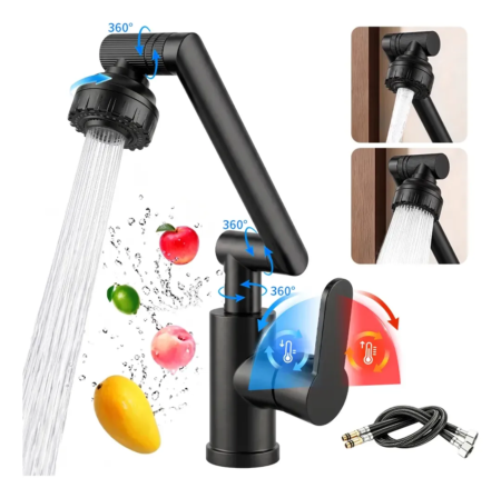 Grifo Para Baño Monomando Lavabo Hogar Cocina 2 Modos Negro con 360° Rotación y Control de Temperatura para Lavamanos VRECASE